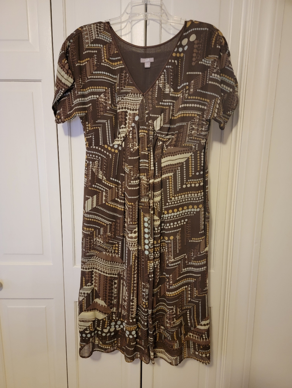 J Jill Women’s Brown Printed Short-Sleeve V-Neck Dress Size 12 100% Silk Lining
